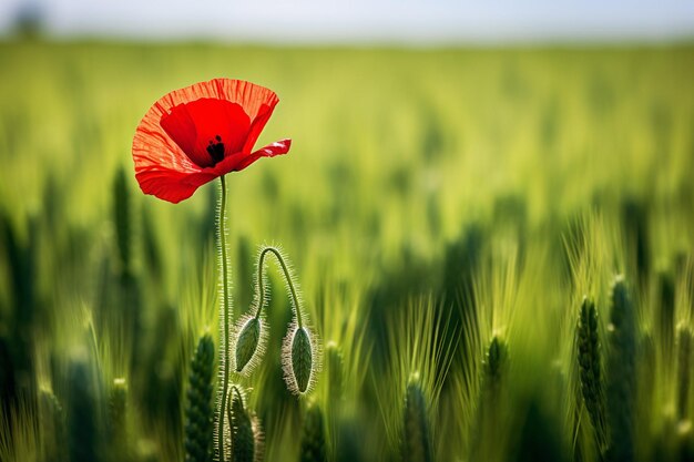 Photo popier rouge dans un champ d'herbe verte avec la lumière du soleil