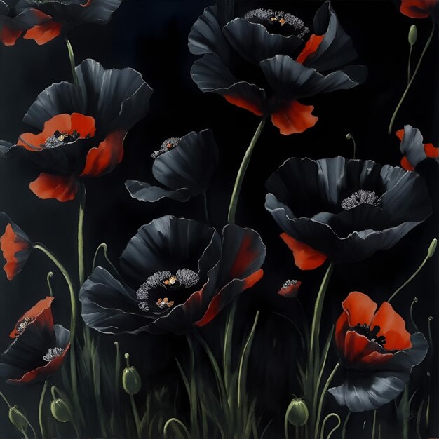 Poppies rouges et noires Ornement à l'aquarelle pour la conception de tissus et d'emballages AI générative