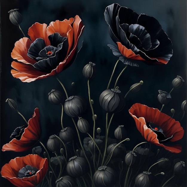 Photo poppies rouges et noires ornement à l'aquarelle pour la conception de tissus et d'emballages ai générative