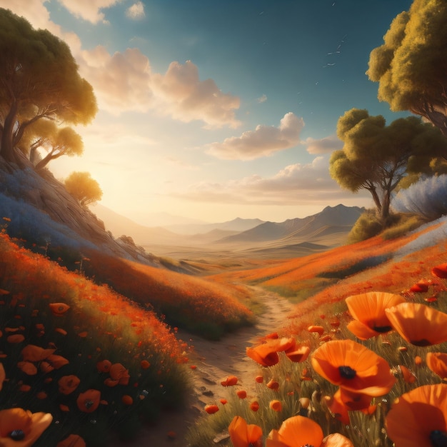 Poppyfield contre le soleil et le ciel dans la nature sauvage à l'arrière-plan du paysage