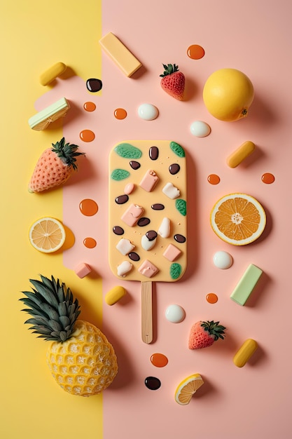 Popsicle aux fruits avec des ingrédients sur fond de carreaux roses Illustration AI Generative