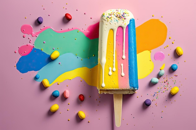 Un popsicle de crème glacée aux couleurs vives sur un fond vibrant AI générative