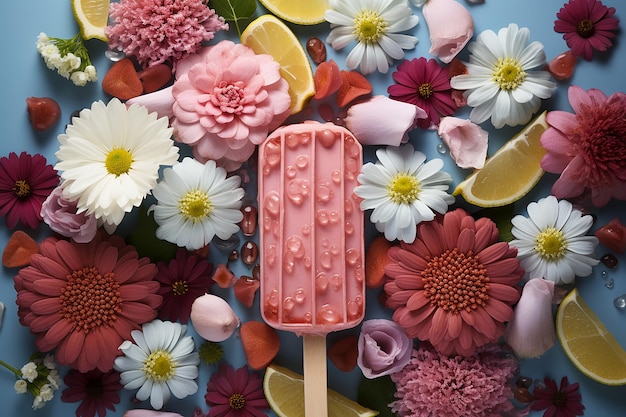 Popsicle rose et bleu avec des objets sur le thème de l'été