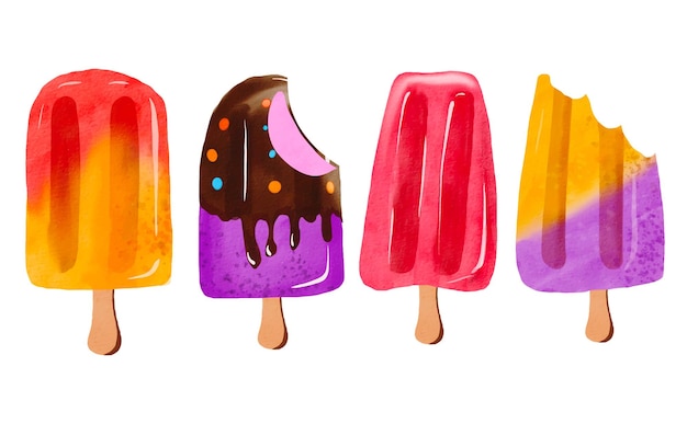 Popsicles aquarelles colorées dessinées à la main avec fond transparent