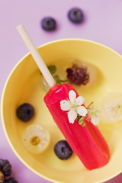 Popsicles colorés dans des bols se bouchent