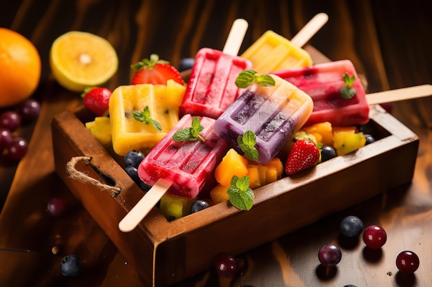 Popsicles fruités à la sangria sur un plateau en bois