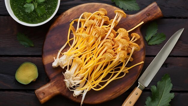 Photo populaire dans la cuisine asiatique, champignon à aiguille dorée frais ou enoki enokitake sur planche à couper en bois