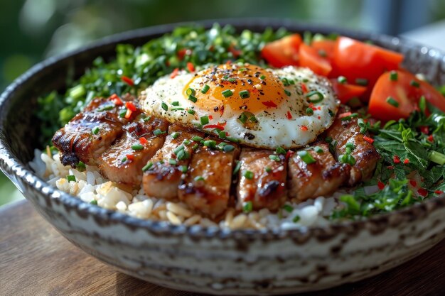 porc au barbecue avec du riz léger et des œufs sur une assiette