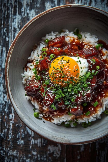 porc barbecue avec riz léger et oeuf sur une assiette