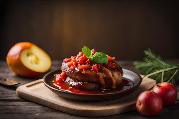 Le porc cuit avec du quince vintage en bois de focalisation sélective