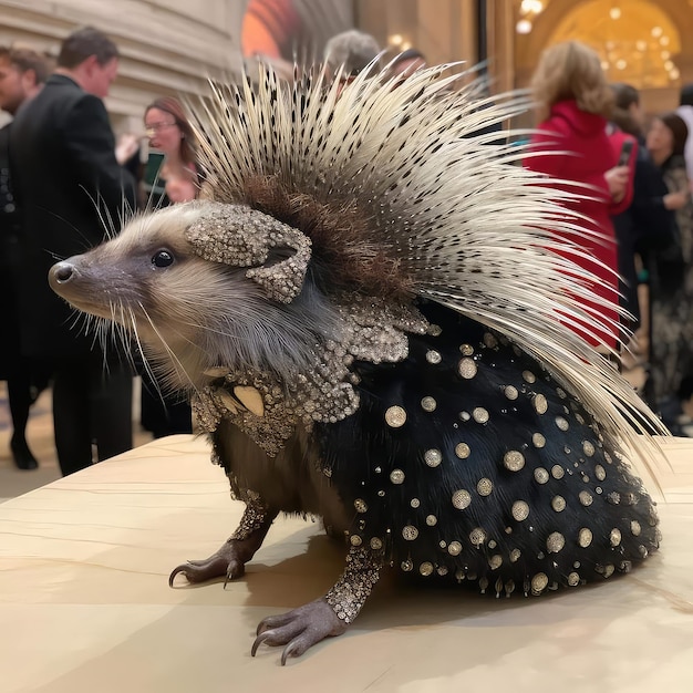 Un porc-épic est assis sur une table dans une salle de bal.