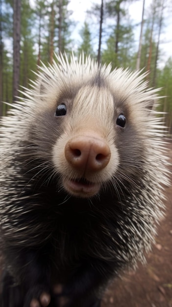 Le porc-épic touche la caméra en prenant un selfie Un selfie drôle de portrait d'animal