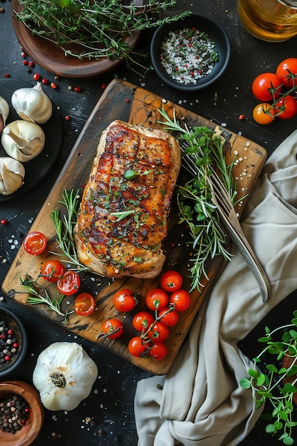 porc frit avec des légumes sur un fond sombre IA générative