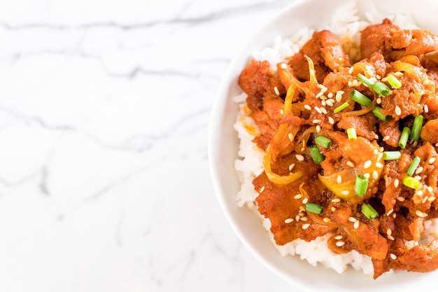 Porc frit avec sauce coréenne épicée (bulgogi) sur riz