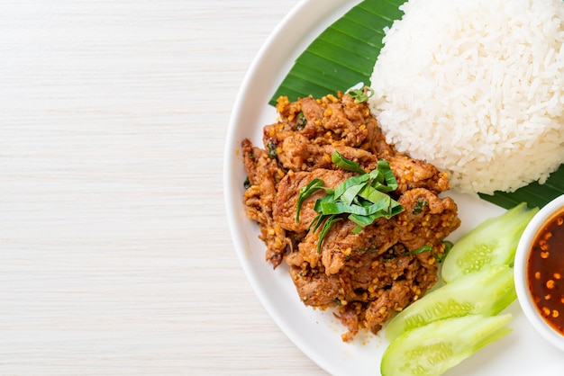 porc grillé épicé avec riz et sauce épicée à l'asiatique