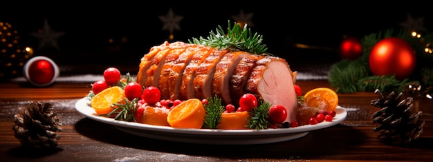 Photo le porc de noël cuit au four sur la table générative ai food