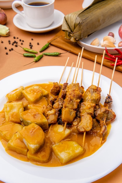 Porc Satay ou Sate Babi Porc Satay servi avec une sauce Padang épicée et des tranches de galettes de riz lontong ou ketupat garnies d'une pincée d'échalote frite croustillante bawang goreng