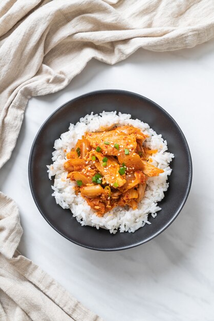 Photo porc sauté au kimchi sur riz garni