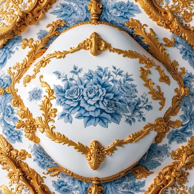 Porcelaines recouvertes de couleurs bleues et de motifs en feuilles d'or