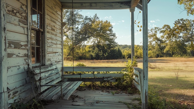 Photo porche avant d'une vieille maison abandonnée avec une balançoire et une vue sur un champ