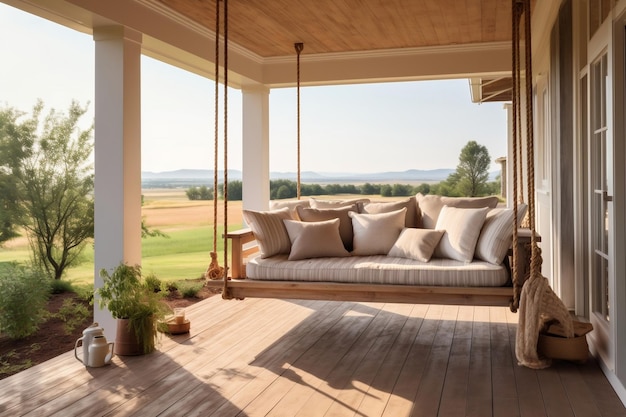 Porche et balançoire contemporains baignés de soleil dans une ferme moderne IA générative