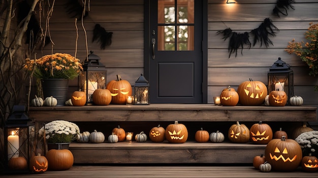 Porche en bois vintage décoré pour la fête d'Halloween