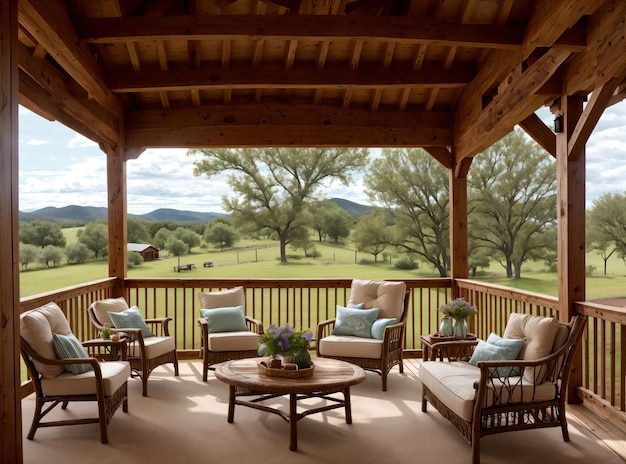 Porche de campagne confortable sur un ranch dans le jardin