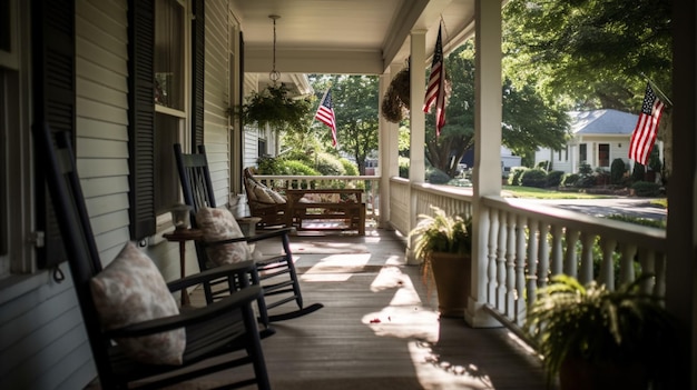 Un porche avec des chaises berçantes et des drapeaux américains