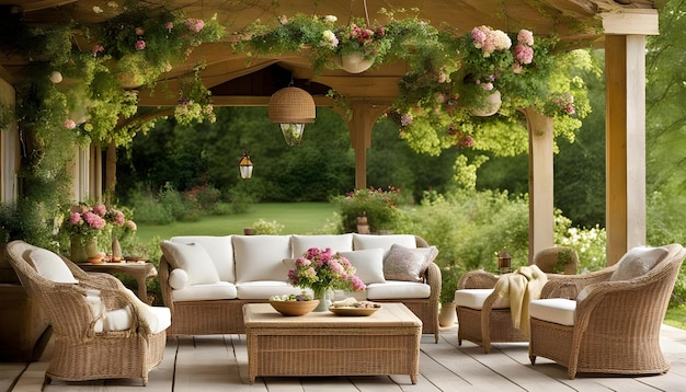 Photo un porche avec un veranda avec un canapé et une table avec des fleurs dessus