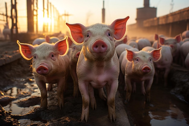 Porcs dans une ferme porcine Cochon regardant la caméra