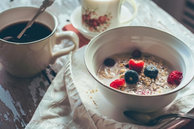 Porridge d'avoine avec framboise aux bleuets dans un bol et une tasse de café petit déjeuner anglais sain