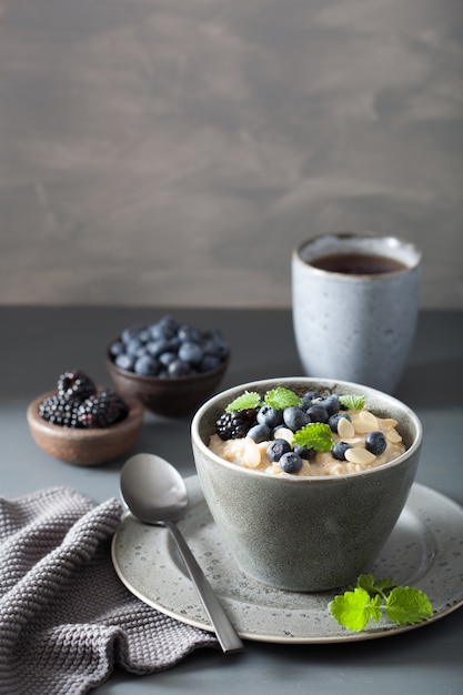 Porridge de flocons d'avoine coupé en acier avec petit-déjeuner sain