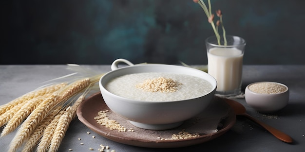 Photo porridge de millet avec du lait dans un bol sur une table nourriture saine