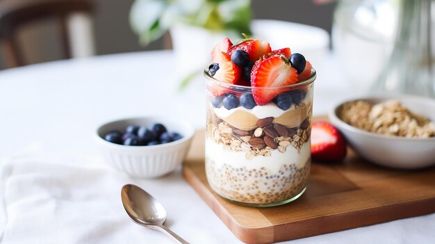 Photo porridge de nuit avec du beurre de noix dans un pot