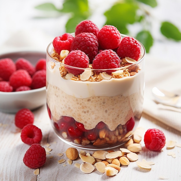 Photo porridge de nuit avec des framboises et des amandes