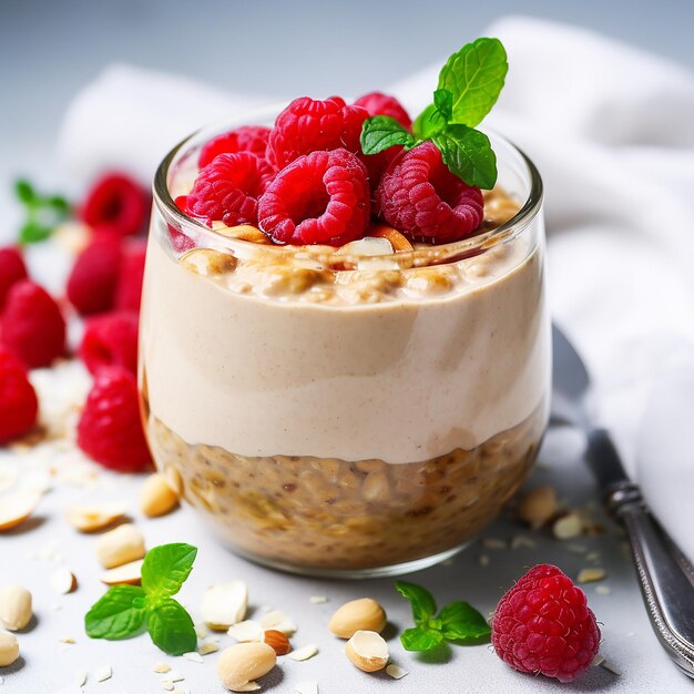 Photo porridge de nuit avec des framboises et des amandes