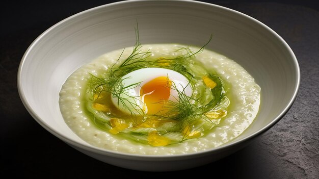 Porridge de poireau avec un œuf perdu le plat