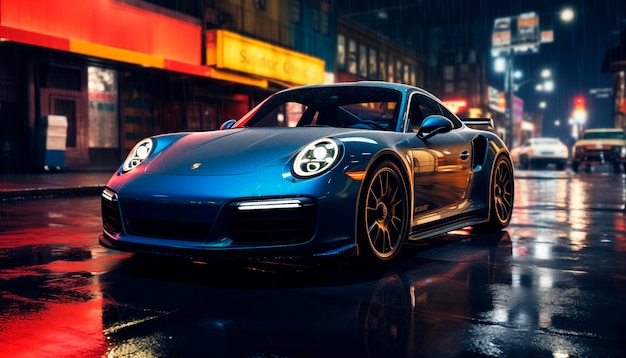 Photo porsche 911 turbo s azul photoréaliste