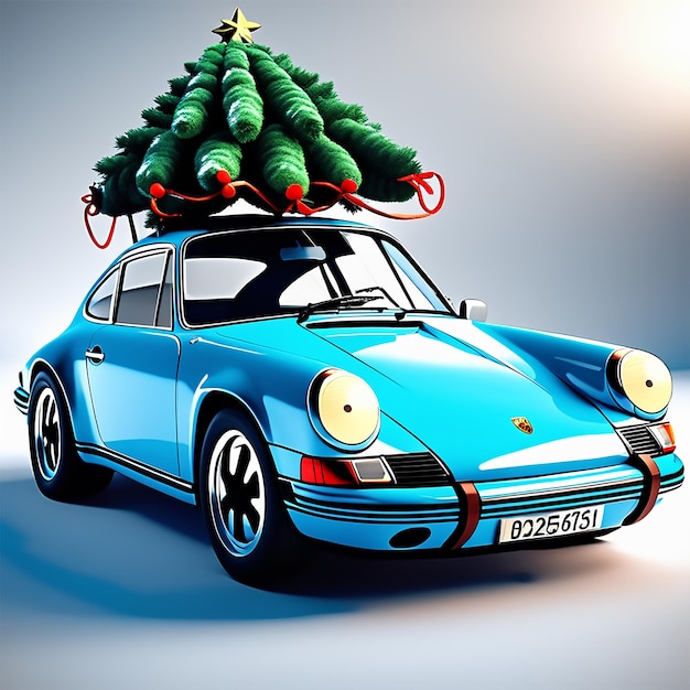 Une Porsche 911 vintage bleu ciel portant un arbre de Noël attaché avec des cordes à la pose du toit de la voiture