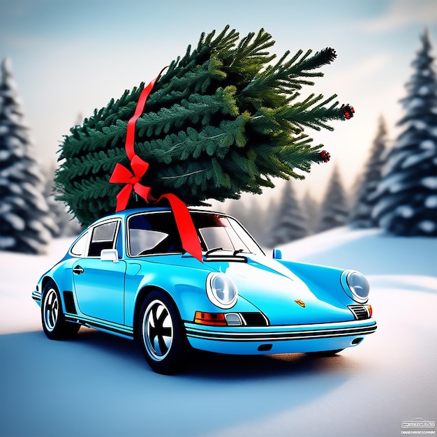 Une Porsche 911 vintage bleu ciel portant un arbre de Noël attaché avec des cordes à la pose du toit de la voiture