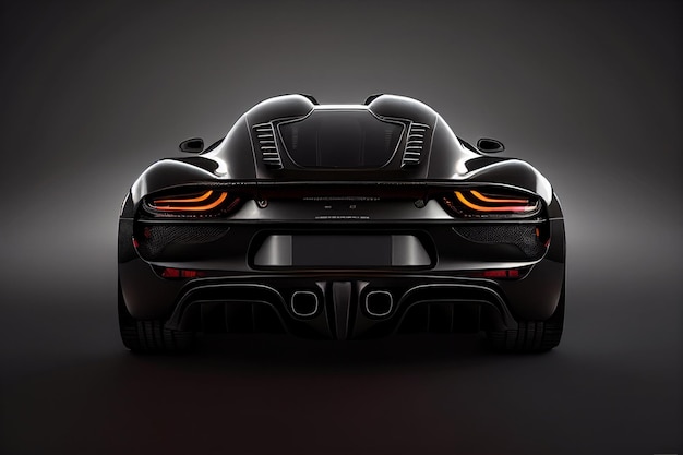 Une porsche 918 noire est montrée dans une pièce sombre.