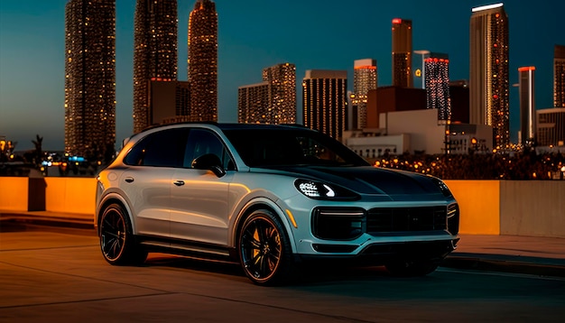 Une porsche cayenne argentée est garée dans une ville la nuit.