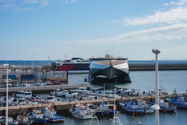 Photo port animé avec des ferries et des bateaux de pêche modernes à tarifa, en espagne