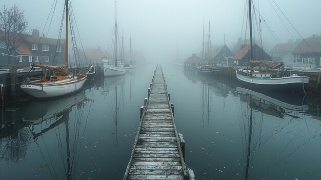 Photo port brumeux avec des bateaux amarrés au quai