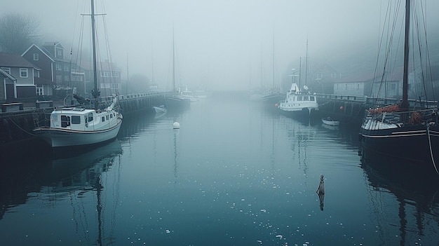 Photo port brumeux avec des bateaux ancrés à la jetée arrière-plan