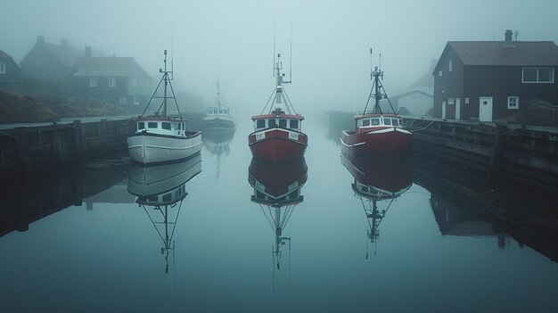 Photo port brumeux avec des bateaux ancrés à la jetée arrière-plan