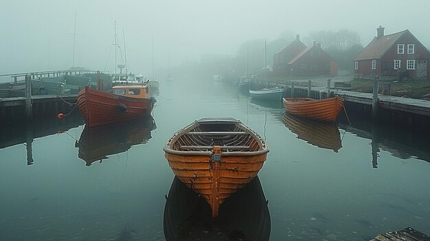 Photo un port brumeux avec des bateaux ancrés à la jetée