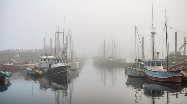 Un port brumeux avec des bateaux de pêche