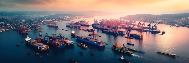 port côtier animé d'en haut avec des navires amarrés, des marchandises en cours de chargement et les allées et venues de l'activité maritime