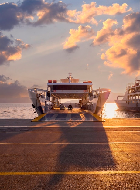 Port avec ferry au coucher du soleil dans une station thermale Loutra Edipsou sur l'île grecque d'Eubée en Grèce